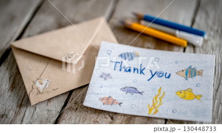 A thank you card adorned with fish drawings sits beside a brown envelope and colored pencils 130448733