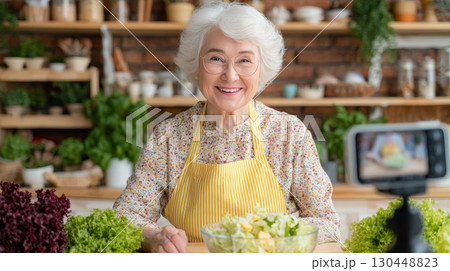 Senior influencer prepares a vibrant salad while showcasing her cooking skills in a comfortable kitchen 130448823