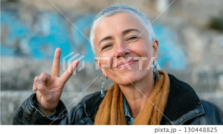 Smiling woman with short gray hair making peace sign outdoors, wearing black leather jacket and brown scarf, radiating positivity and confidence 130448825