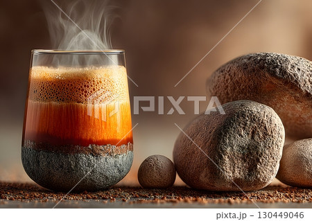 Steaming Hot Beverage in Artistic Rock-Like Glass with Natural Stone Decor Generative AI Steaming Hot Beverage in Artistic Rock-Like Glass with Natural Stone Decor Generative AI 130449046