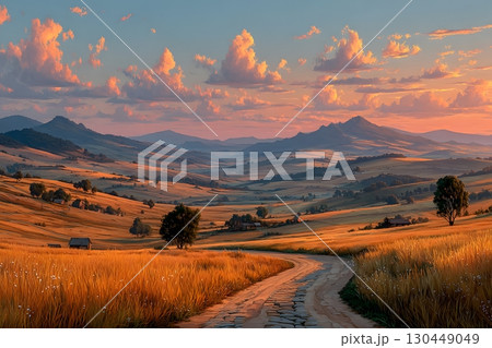 Scenic Sunset Over Rolling Hills and Fields Landscape for Wall Art and Posters Generative AI 130449049