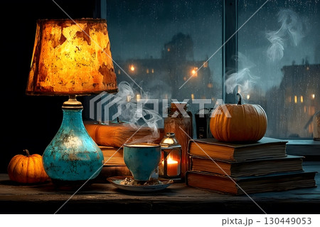 Cozy Autumn Evening with Pumpkin Decor and Warm Candlelight by Rainy Window Generative AI 130449053