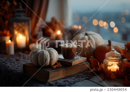 Cozy Autumn Still Life with Pumpkins, Warm Drink, and Candlelight Ambiance for Seasonal Decor Generative AI 130449054