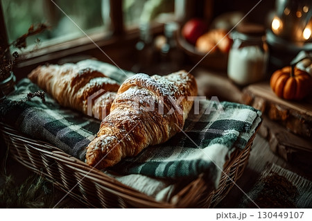 Rustic Autumn Breakfast: Fresh Croissants on Checkered Cloth by Candlelight Generative AI 130449107