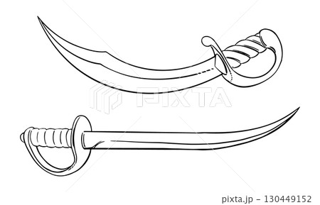 Two boarding sabers with a cleaver blade. Cold weapons. Vector sketch of a pirate saber. Corsair's broadsword with a curved blade. Linear drawing on a white background. 130449152