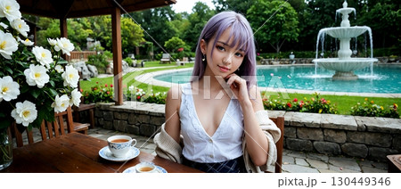 庭でくつろぐ紫の髪の美女　A beautiful woman with purple hair re 130449346