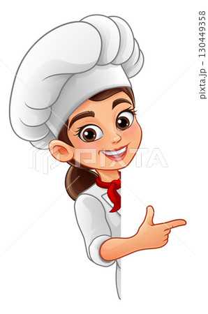 Cartoon Chef Woman Pointing at Blank Space 130449358