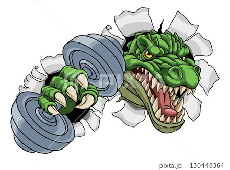Crocodile Dinosaur Alligator Weight Lifting Mascot 130449364