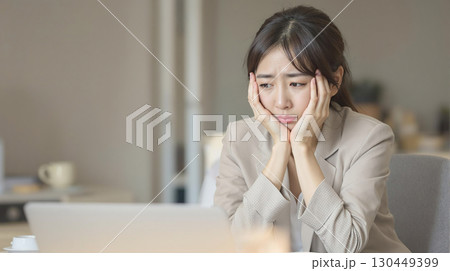 オフィスで頬に手を当てて悩む女性会社員 130449399