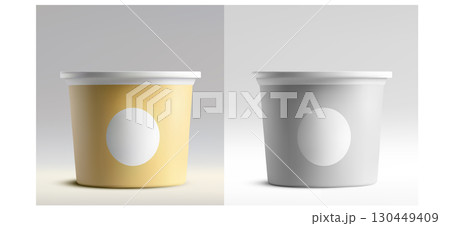 Biodegradable Ice Cream Packaging Mockup with Lid. Sustainable Minimalist Food Container Design. Pastel Color Palette Biodegradable Ice Cream Packaging Mockup with Lid. Sustainable Minimalist Food Container Design. Pastel Color Palette 130449409