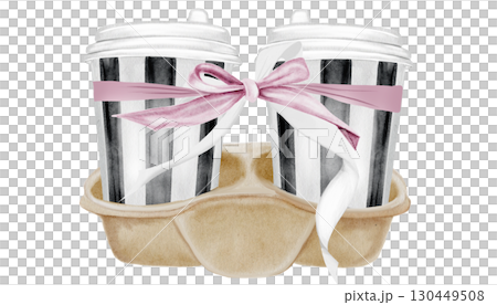 Coffee cups watercolor illustration. Hand drawn two glasses of hot cappuccino on holder. Food clip art. Ideal for bakery prints, postcards and pastry shop posters. Coffee cups watercolor illustration. Hand drawn two glasses of hot cappuccino on holder. Food clip art. Ideal for bakery prints, postcards and pastry shop posters. 130449508