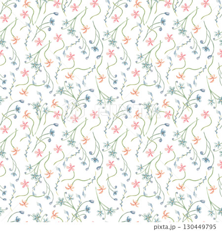 Watercolor floral Meadow seamless pattern isolated white. Ditsy print of mini wild flowers pink blue colors. Endless botanical design of small hand drawn flowers for kids textile. Abstracts blossoms. 130449795