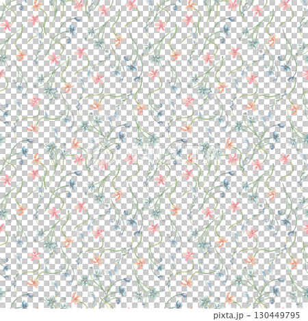 Watercolor floral Meadow seamless pattern isolated white. Ditsy print of mini wild flowers pink blue colors. Endless botanical design of small hand drawn flowers for kids textile. Abstracts blossoms. 130449795