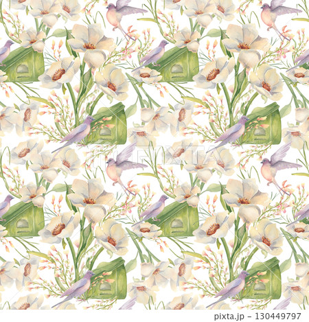 Flowers garden and birds watercolor seamless pattern isolated. White creamy anemones and swallow hand painted. Greenery floral repeat background. Bird house and peony flowers gentle botanical print. 130449797