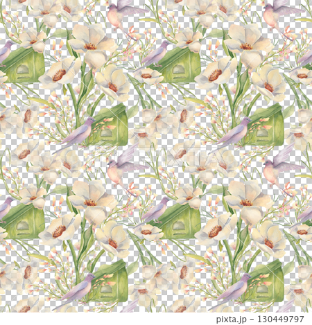 Flowers garden and birds watercolor seamless pattern isolated. White creamy anemones and swallow hand painted. Greenery floral repeat background. Bird house and peony flowers gentle botanical print. 130449797