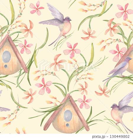 Soft watercolor seamless pattern meadow flowers, swallows and birdhouse in pastel tones. Hand painted print spring garden with delicate wildflowers. Floral avian repeat for kids textiles, wallpaper. 130449802