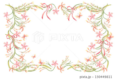 Gentle floral watercolor frame with soft pink wildflowers and bow coquette isolated on white. Spring tiny flowers border in cottagecore style hand drawn for seasonal design, wedding stationery, kids. 130449811