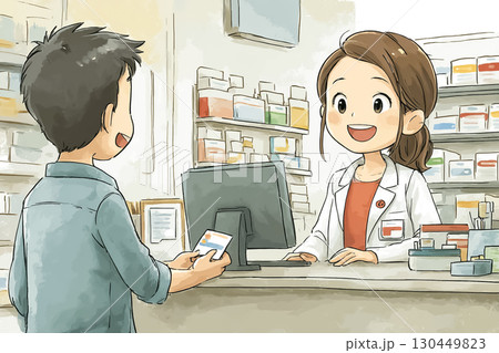 薬局の窓口で薬剤師が患者に処方薬を笑顔で渡しているシーン 130449823