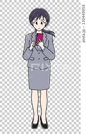 An office lady in a suit operating a smartphone (full body) An office lady in a suit operating a smartphone (full body) 130449958