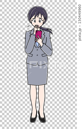 一位身穿西裝的辦公室女士焦慮地看著她的智慧型手機（全身） 130449960