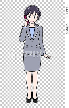 一位身穿西裝的辦公室女士正在用智慧型手機說話(全身) 一位身穿西裝的辦公室女士正在用智慧型手機說話(全身) 130449962
