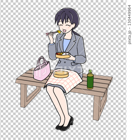 一位身穿西裝的辦公室女士坐在長椅上吃午餐（第一部分） 130449964
