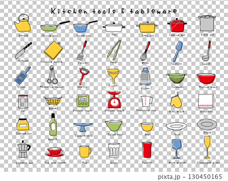 キッチンツール&テーブルウエア手描きのアイコンセット 130450165