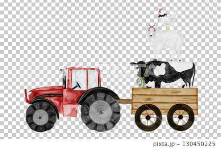 Cute farm animal and tractor with a cart. Hand drawn red tractor with a pyramid of animals on isolated white background. Country style clip art. Ideal for educational cards and posters Cute farm animal and tractor with a cart. Hand drawn red tractor with a pyramid of animals on isolated white background. Country style clip art. Ideal for educational cards and posters 130450225