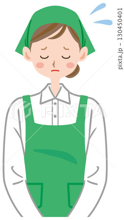 謝罪する店員のイラスト　スーパーマーケット　頭を下げる女性店員 130450401