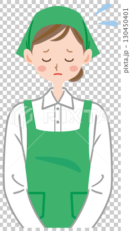 謝罪する店員のイラスト　スーパーマーケット　頭を下げる女性店員 130450401