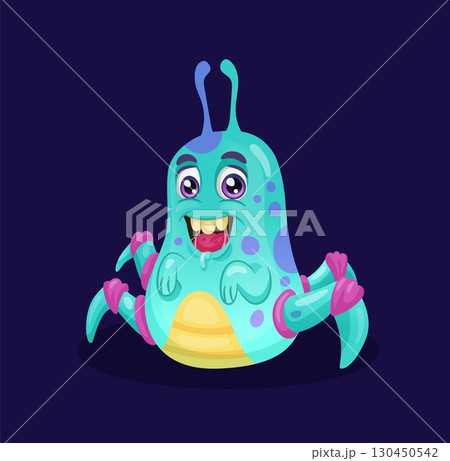 Halloween character. Funny monster, creepy childish nursery creature, alien scary mascot, colorful angry animal with teeth. Comic creation. Vector cartoon flat style isolated decorative illustration Halloween character. Funny monster, creepy childish nursery creature, alien scary mascot, colorful angry animal with teeth. Comic creation. Vector cartoon flat style isolated decorative illustration 130450542