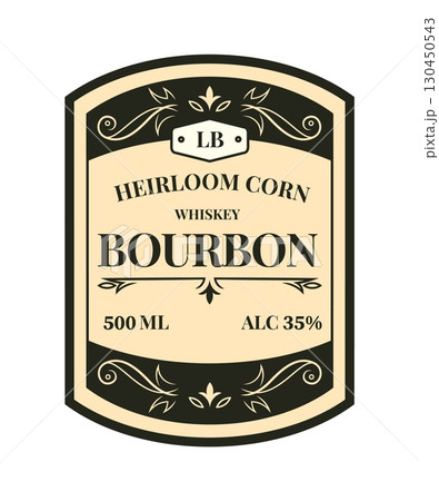 Bourbon label. Product sticker frame. Retro style emblem. Alcohol drink bottle isolated tag. Distillery old brand logo. Classic wine beverage symbol. Premium quality bar badge. Vector design template Bourbon label. Product sticker frame. Retro style emblem. Alcohol drink bottle isolated tag. Distillery old brand logo. Classic wine beverage symbol. Premium quality bar badge. Vector design template 130450543