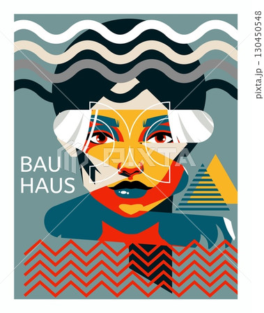 Art Bauhaus poster. Woman portrait abstract design. Creative female face. Geometric line shapes. Flat line zigzags and minimalist triangles collage. Exhibition brochure. Vector trendy graphic card Art Bauhaus poster. Woman portrait abstract design. Creative female face. Geometric line shapes. Flat line zigzags and minimalist triangles collage. Exhibition brochure. Vector trendy graphic card 130450548