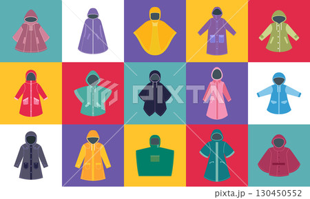 Raincoat icon. Logo of colorful waterproof coats. Rain, wind protection. Autumn clothing , spring fashion. Sign outerwear for men, women. Vector fall design cartoon flat style isolated illustration 130450552