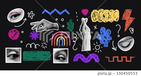 Geometric elements. Abstract collage. Retro dots hand. Newspaper eye. Pencil sketch. Halftone texture. Modern sticker graphic. Paint splash poster. Creative paintbrush. Vector abstract tidy design Geometric elements. Abstract collage. Retro dots hand. Newspaper eye. Pencil sketch. Halftone texture. Modern sticker graphic. Paint splash poster. Creative paintbrush. Vector abstract tidy design 130450553
