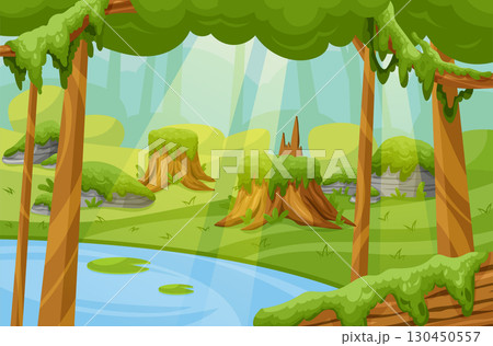 Cartoon moss background. Lichen landscape for game. Vegetation green. Magical wetland swamp. Sunlight rays. Wood stump. Mossy trees. Textured bog organic plants. Vector forest garish fantasy scenery Cartoon moss background. Lichen landscape for game. Vegetation green. Magical wetland swamp. Sunlight rays. Wood stump. Mossy trees. Textured bog organic plants. Vector forest garish fantasy scenery 130450557