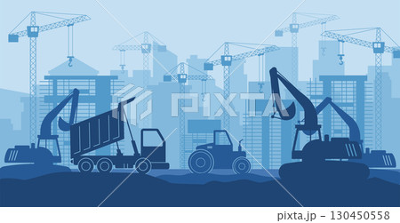 Machine silhouette. Construction industrial crane. Refinery infrastructure. Heavy equipment outline. Excavator and bulldozer working. Skyscrapers building. Vector icons garish architecture landscape Machine silhouette. Construction industrial crane. Refinery infrastructure. Heavy equipment outline. Excavator and bulldozer working. Skyscrapers building. Vector icons garish architecture landscape 130450558