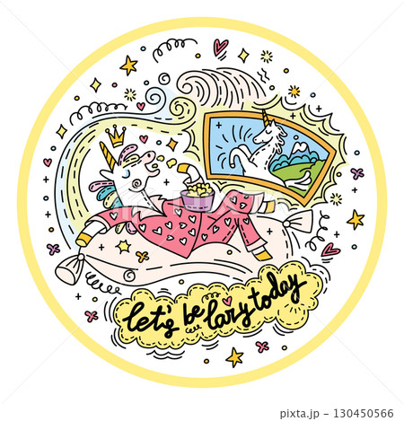 Funny lazy unicorn watching TV vector colored doodle illustration 130450566