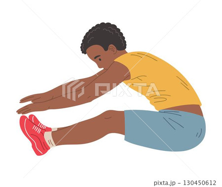 African American boy doing seated toe touch exercise 130450612