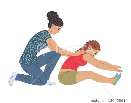 Girl assisted by physiotherapist during seated toe touch stretch Girl assisted by physiotherapist during seated toe touch stretch 130450614