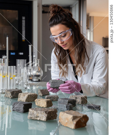 Demonstration of carbon capture mineralization bloom in laboratory with researcher examining samples 130450866