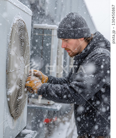 Technician replaces heat pump fan outdoors during snowy winter weather in residential neighborhood 130450867