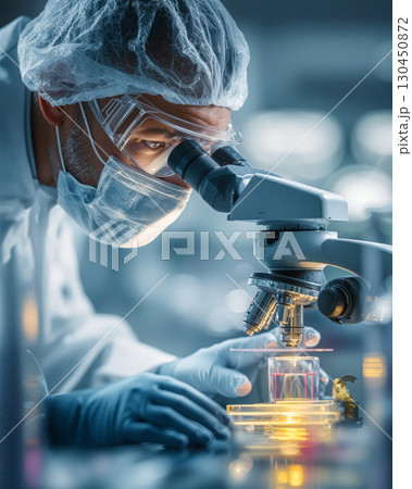 Inspector carefully examines electrolyzer membrane under microscope in laboratory setting during research phase 130450872