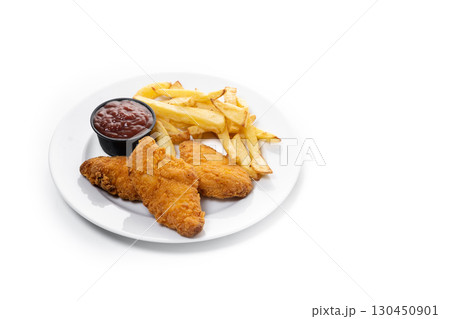 Crispy fried chicken tenders with french fries Crispy fried chicken tenders with french fries 130450901