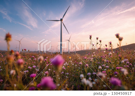 Vertical-axis wind turbines surrounded by blooming wildflowers during a colorful sunset over an expansive landscape Vertical-axis wind turbines surrounded by blooming wildflowers during a colorful sunset over an expansive landscape 130450917
