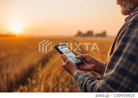 Farmer using soil sensor connected to mobile app at sunset in a rural field Farmer using soil sensor connected to mobile app at sunset in a rural field 130450918