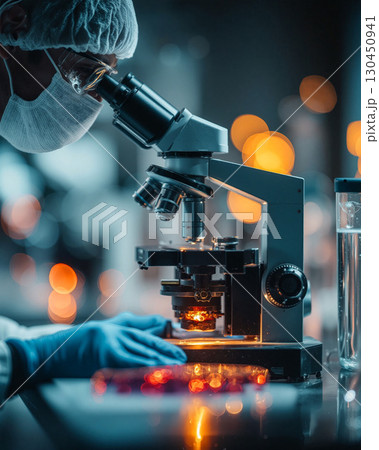 Researcher analyzing flexible perovskite solar film under a microscope in a modern laboratory setting 130450941