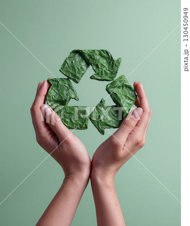 Hands holding a recycled plastic product shaped like recycling arrows with a green background in a sustainable setting 130450949