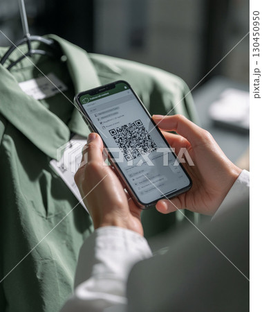 Hands using smartphone to scan QR code on sustainable garment in eco-friendly store 130450950