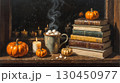 A mug of cocoa with marshmallows stands by the window with candles, pumpkins, a book and a warm blanket. 130450977